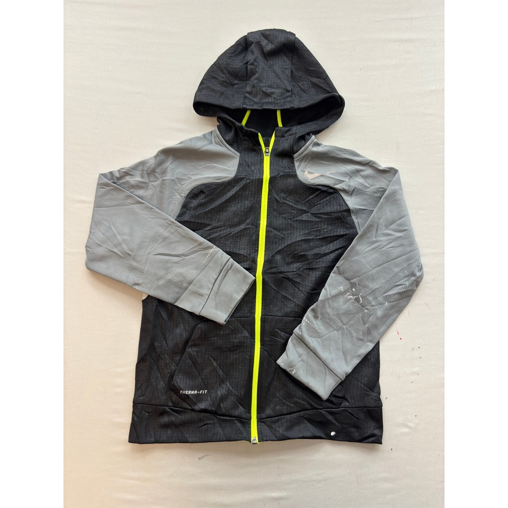 Nike Therma-FIT Full Zip Hoodie Mens Large Black Grey Neon Yellow Running Jacket